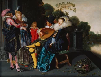 Een elegant gezelschap maakt muziek bij een sierlijk meer