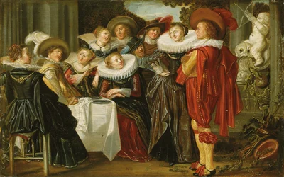 Een elegant gezelschap dat luncht op een terras, 1623