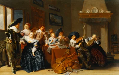 Elegante figuren met instrumenten zittend aan een tafel en een jonge dame die zingt in een interieur, 1637
