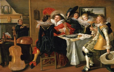 Interieur met vrolijk tafelgezelschap