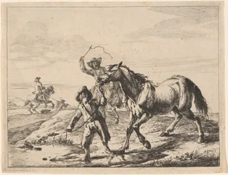 Een jongen brengt een paard te drinken
