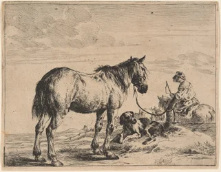 Een Paard Gebonden aan een Paal met een Liggende Hond