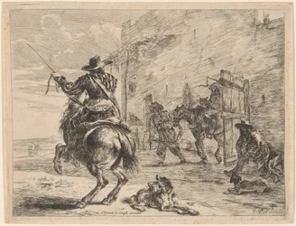 Een pissend paard vastgebonden aan een paal
