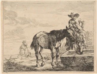 Twee Paarden Drinken bij een Trog