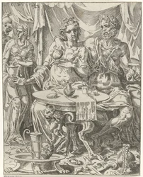 Judit en Holofernes genieten van een feestmaal