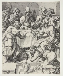 Maria Magdalena droogt de voeten van Christus in het huis van Simon de Farizeeër