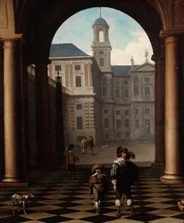 Elegante figuren in een loggia bij de ingang van een paleis