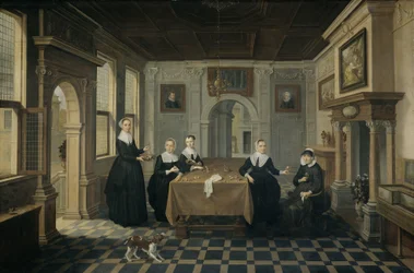 Vijf dames in een interieur, ca.1630-1652 (olieverf op paneel)