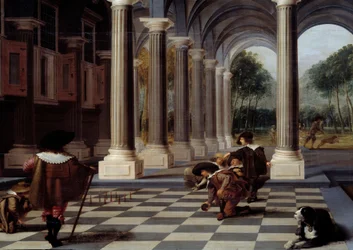 Skitelspelers: Spel van kegelen op een dambordvloer (detail)