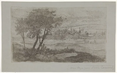 Landschap met bomen op de voorgrond en een ploeg op de akker