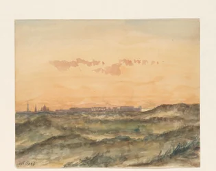 Landschap met in de verte het silhouet van een stad