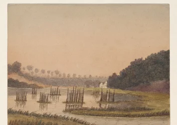 Moerassig landschap met in de verte een gebouw