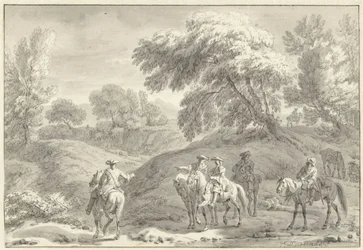 Heuvelachtig landschap met jagers te paard