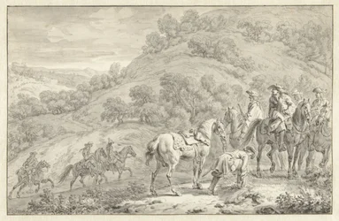 Berglandschap met een afgestegen ruiter en andere jagers te paard