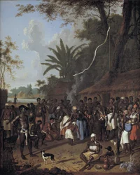 Rituele slavenpartij op een suikerplantage in Suriname