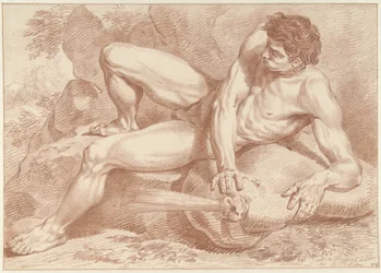 Liggend mannelijk naakt, op een zak waaruit lucht blaast