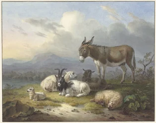 Landschap met ezel, geit en schapen