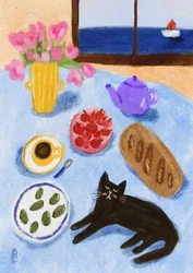 Ontspannend ontbijt met een kat aan zee