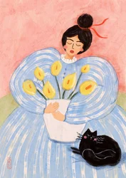Vrouw met bloemen en een kat