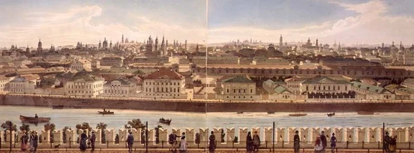 Uitzicht op Zamoskvoreche vanaf het Kremlin, uit een panorama van Moskou, gegraveerd door Philippe Benoist en Aubrun, pub. door Lemercier, ca. 1840