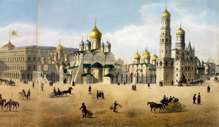 Kathedralen van de Aankondiging en de Aartsengel, uit een panorama van Moskou, gegraveerd door Philippe Benoist en Aubrun