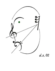 Diminuendo gezicht - een zingend gezicht getekend met het muzikale symbool voor diminuendo en verschillende andere muzikale notaties