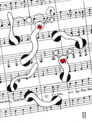 Feest van Vreugde - tekening van een muziekpartituur met wormen die zich door de pagina heen eten