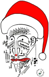 Muzikale Kerstman - het hoofd van de Kerstman - de Kerstman getekend met muzieknotatie en met een rode muts op