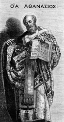 Athanasius van Alexandrië (298-373) Kerkvader, gravure naar een schilderij van Domenichino in de kerk van Grottaferrata