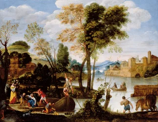 Italiaans rivierlandschap met een roeibootman en een vrouw met een mand krabben