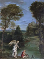 Landschap met Tobias die de vis vasthoudt
