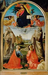 Christus in Glorie met de Heiligen Benedetto, Romualdo, Attinea en ... (schilderij op hout)