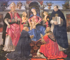 Madonna op de troon met twee engelen, heiligen en paus St. Clemens