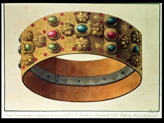 De IJzeren Kroon van Lombardije die Karel de Grote kroonde in 777 en Napoleon in 1805 in de kathedraal van Milaan, gegraveerd door D. Landini (aquatint)