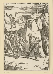 Allegorie van de metaalwinning. De metalen hebben het binnenste van de berg verlaten en slaan op de vlucht wanneer de vulkaan (Hephaistos) hen sommeert hem naar de smederij te volgen. Uit de reeks „De re metallica“.