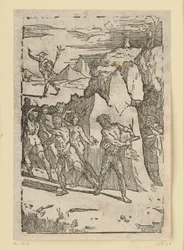 Allegorie van de metaalwinning. De metalen hebben het binnenste van de berg verlaten en slaan op de vlucht wanneer de vulkaan (Hephaistos) hen sommeert hem naar de smederij te volgen. Uit de reeks „De re metallica“.