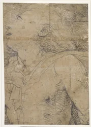 Opkijkende jongeman (half figuur), fragment van een karton