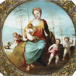 Beccafumi - Liefdadigheid die een kind zoogt en omringd door drie spelende kinderen met een hond en stokpaardjes, ca. 1525 (uitsnede)