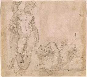 Beccafumi - Verso Mannelijk naakt leunend tegen een boomstam en een liggend mannelijk naakt met achterovergeworpen hoofd, ca. 1530-1540