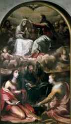 Christus kroont de Maagd Maria en vier heiligen (schilderij door Domenico Beccafumi)