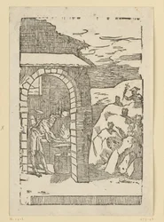 De roep van de metalen. Hephaistos (Vulcanus) en een geleerde staan bij het vuur van een smederij, terwijl buiten in de rotsen de goden (als vertegenwoordigers van de metalen) verborgen zitten: Saturnus (lood), Jupiter (tin), Venus (koper), Luna (zilver), 