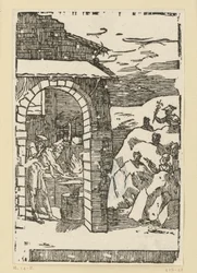 De roep van de metalen. Hephaistos (Vulcanus) en een geleerde staan bij het vuur van een smederij, terwijl buiten in de rotsen de goden (als vertegenwoordigers van de metalen) verborgen zitten: Saturnus (lood), Jupiter (tin), Venus (koper), Luna (zilver), 