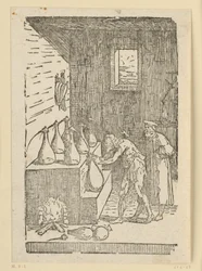 De distillatie door de chemicus of alchemist. Uit de reeks "De re metallica".
