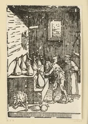 De distillatie door de chemicus of alchemist. Uit de reeks "De re metallica".