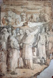 Geschiedenis van Mozes op de Sinaïberg: de Hebreeën wachten op de terugkeer van Mozes. Voorbereidende tekening voor de vloer van de kathedraal van Siena. Levensjaren van de kunstenaar: 1486-1551. Italië, Siena, Nationale Pinacotheek (Siena, Pinacoteca