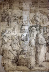 Geschiedenis van Mozes op de Sinaïberg: de Hebreeën wachten op de terugkeer van Mozes. Voorbereidende tekening voor de vloer van de kathedraal van Siena. Levensjaren van de kunstenaar: 1486-1551. Italië, Siena, Nationale Pinacotheek (Siena, Pinacoteca