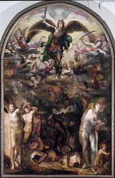Sint Michaël verjaagt de opstandige engelen (De val van de opstandige engelen). Schilderij door Domenico Beccafumi (1486-1551)