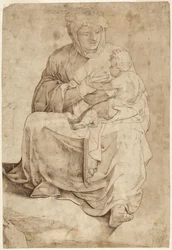 Zittende Madonna die het Kind de borst geeft, afbeelding afkomstig van een ingelegd vloerpaneel in de Dom van Siena
