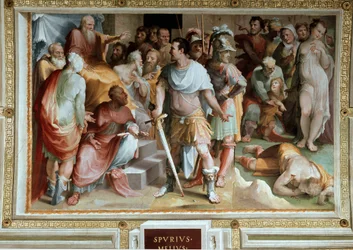 De moord op de rijke Romeinse plebejer Spurius Maelius (5e eeuw v.Chr.). Fresco van Domenico di Giacomo di Pace, genaamd Beccafumi (1486-1551), 1529-1535. Siena, Palazzo Pubblico
