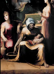 De geboorte van de Maagd. Detail met een dienstmeid en de pasgeborene. Levensjaren van de kunstenaar: 1486-1551, circa 1540-1543. Afmetingen: 233x145 cm. Italië, Siena, Nationale Pinacotheek (Siena, Pinacoteca Nazionale).